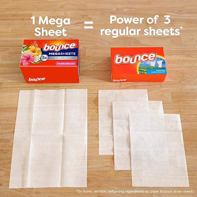 Bounce Mega Dryer Sheets Paradise Blossom | Anti-Static | 5-in-1 Benefits | 3x Static Fighting | 130 Sheets, Pack of 3