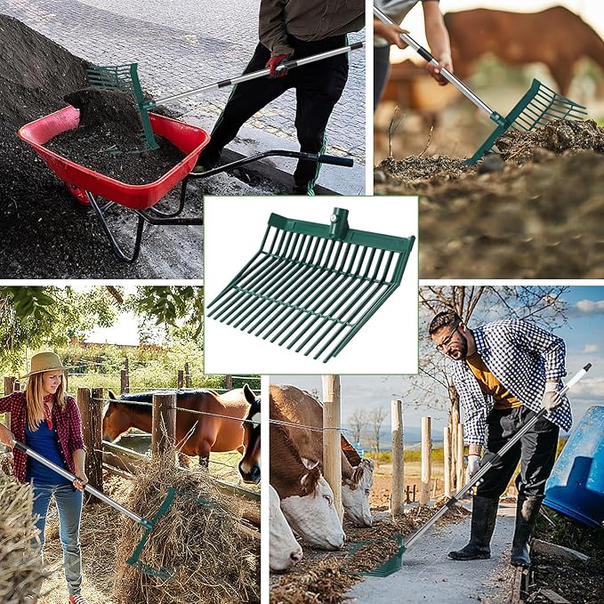 Manure Fork Replacement Head, Heavy Plastic Horse Manure Fork with 69 Inch Spliced Extension Rod – Long Handle Fork for Hay, Compost, Barn, Horse Stable & Gardening（Blue）