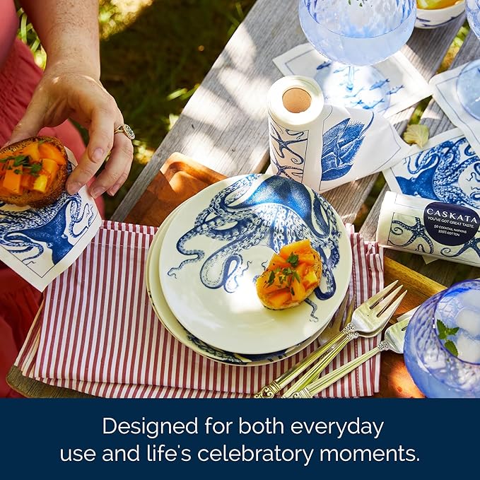 Coastal Cocktail Napkin Roll of 50 | 100% Cotton Quick Dry Reusable | Perfect for Home, Dining, Birthday, Gifts | Blue and White, 4.5W X 4.5L