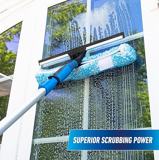 Unger Professional 2-in-1 Squeegee and Scrubber, 14” Window Cleaning Tool and 8’ Connect & Clean Pole, Essential Glass Supplies for Commercial and Residential Use, Microfiber Sleeve