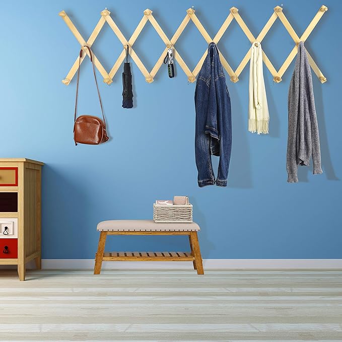 Dseap Accordian Wall Hanger: 16” High Wooden Wall Expandable Coat Rack, Hat Rack Holder, Accordion Hook for Baseball Caps, Coats, Mugs, 20 Peg Hooks, Natural