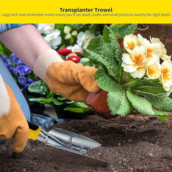 ⭐️ Gardenera 3PC Garden Tool Set with Soft Rubberized Non-Slip Handles - Hand Trowel, Transplant Trowel, Hand Rake in Polished Aluminum - Ideal for All Gardening Needs and The for Gardeners 🎁
