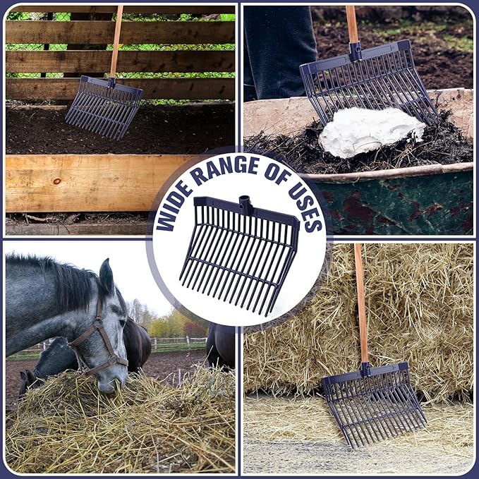Lasnten 6 Pcs Manure Fork Replacement Head, 18 Tines Pitchfork Head with Screws and Nuts, Horse Manure Rake for Picking up Grass and Hay (Navy)