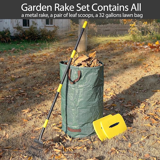 Leaf Rake, 11 Tines 9" Wide Metal Garden Rake for Leaves with 32 Gallon Leaf Bags and Scoops, Small Lawn Collapsible Yard Rakes for Camping Mulch Shrub Long Handle 30-70