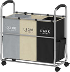 Tajsoon 3 section Laundry Hamper Sorter, Laundry Sorter Cart with Heavy Duty Lockable Wheels and Removable Bags, Laundry Separated Rolling Cart Basket for Clothes Storage, Grey+Beige+Black