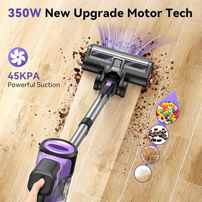 DEVOAC S10 Cordless Vacuum Cleaner, 45Kpa 50mins Lightweight Stick Vacuum with Powerful Suction for Home, Rechargeable, Self-Standing, Handheld Vacuum Cleaners for Hardwood Floors, Carpets Violet
