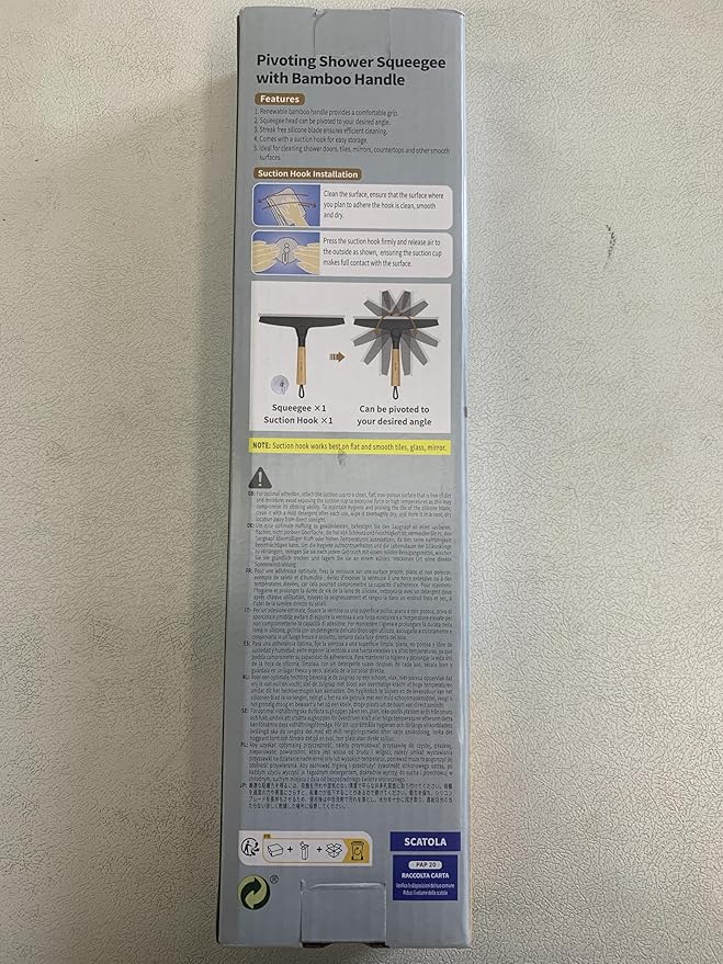 MR.SIGA All Purpose Silicone Squeegee for Shower Door, Mirror, Glass, Streak Free Shower Squeegee, Pivoting Bamboo Handle, Includes 1 Suction Hook, 10 inch Wide, Black, 1 Pack