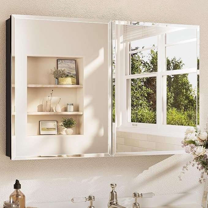 TETOTE 36 x 24 Bathroom Vanity Mirror Cabinet with Tempered Beveled Mirror Black Medicine Cabinet Aluminum Cabinet DTC Hinges, Stepless Adjustable Shelves, Recessed/Surface-Mounted