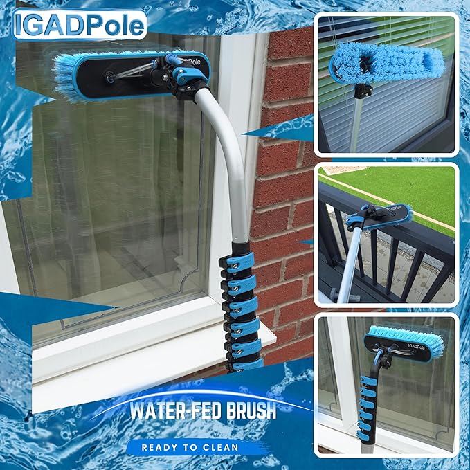 26ft IGADPole Washing Kit: Water-fed Brush, Cobweb Duster and 10” Squeegee and Soap Dispenser, with 5-Stage Telescoping Pole 5-20ft Pole