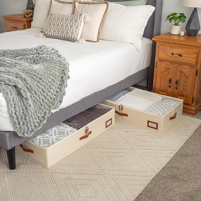 OrganiHaus Under Bed Storage Containers, Bedroom Storage and Organization Bins, Clothes Organizer for Closet with Clear Cover and Reinforced Handles - Set of 2 33x17x6 inches Off-White