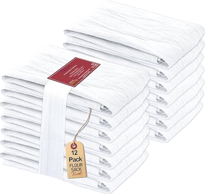 RUVANTI Flour Sack Towels 12 Pack 28 x 28 Inches, Ring Spun 100% Cotton Dish Towel, Machine Washable, Absorbent - Flour Sack Kitchen Towels for Drying and Cleaning - White