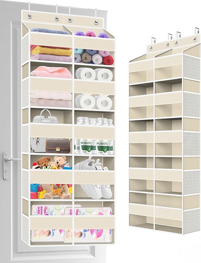 Over The Door Organizer Multi Pocket,5 Tier Large Hanging Shelf for Storage Kids Toys, Diapers, Clothes,Yarn,Heavy Duty Behind Door Storage for Bedroom Bathoom Nursery Closet Pantry,Beige