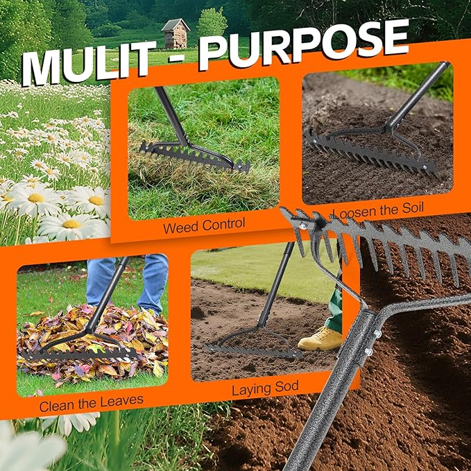Garden Rake, 63" Adjustable Long Handle Lawn Leveling Bow Rake with 17 Tines, Garden Tool with Heavy Duty Metal for Looseing Soil, Weede Control