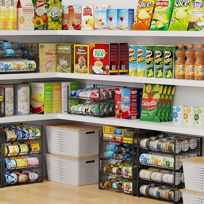 3-Pack Stackable Can Rack Organizer for Pantry, Adjustable Can Holder for Various Ounce of Cans up to 90, Rolling Can Dispenser for Canned Food Soup Goods Storage in Kitchen Cabniet, 2 Tier, Black