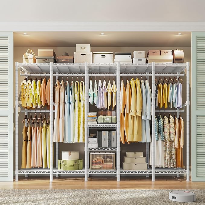 Raybee 88.2" W Clothes Rack Heavy Duty Clothing Racks for Hanging Clothes Extra Wide Portable Closet Loads 1200LBS Freestanding Garment Rack for Bedroom 88.2" W x 75.6" H x 15.7" D, White