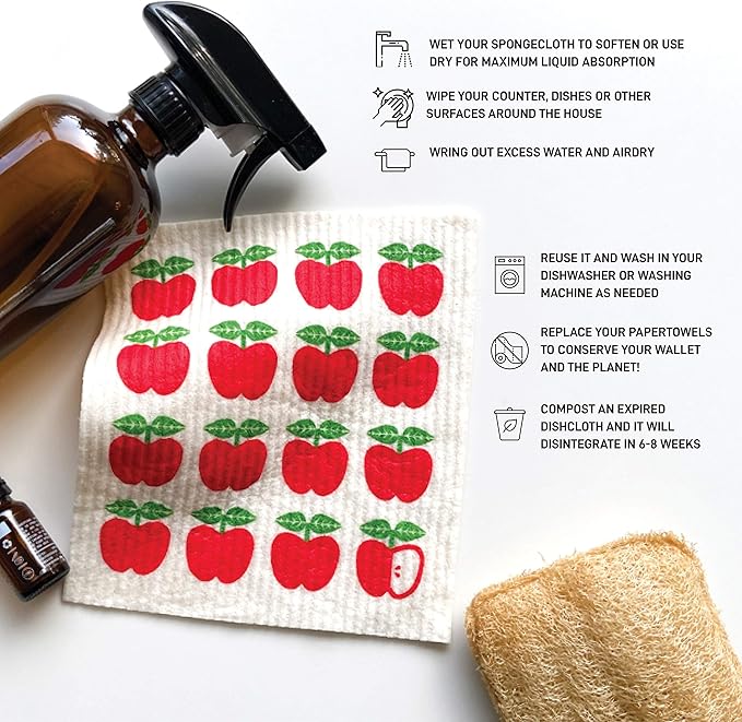 Nordhus Design Swedish Dishcloths, 5 Apple Cloths, Made in Sweden - Reusable, Washable Cellulose Cotton Kitchen Cloths - Replace Paper Towels, Wipes, Sponges, Dish Rags