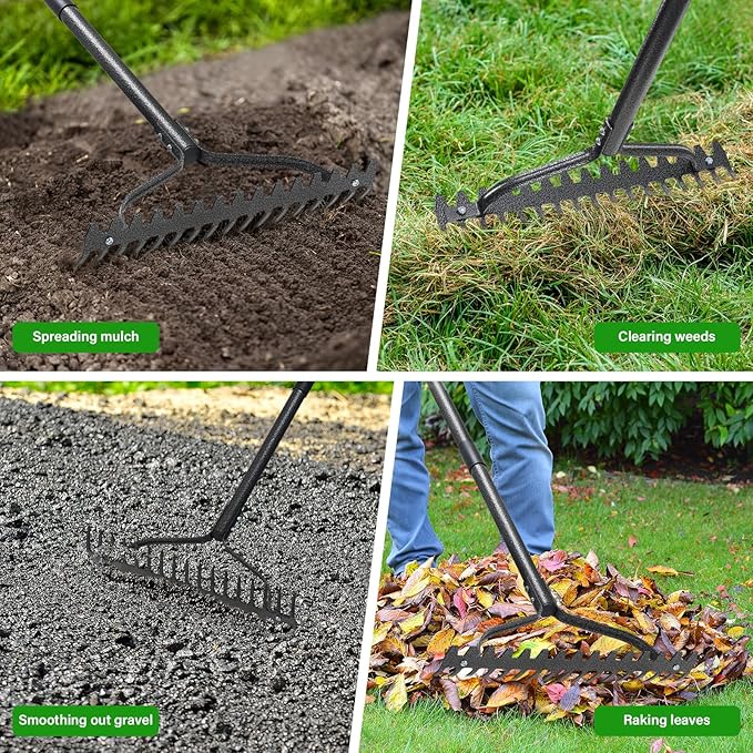Garden Rake Heavy Duty, 17 Tines Metal Bow Rake with 77" Adjustable Handle, Landscape Yard Rakes for Lawns Leveling Loosening Soil, Spreading Mulch, Clearing Leaves Weeds Lawn Care Tool Thatch Rakes