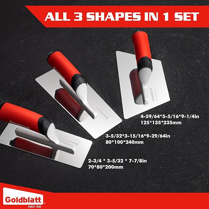 Goldblatt Venetian Plaster Finishing Trowel Set, 3 Pieces Polished Stainless Steel Drywall & Concrete Trowels with Soft Grip Handle, Paint Plastering & Marmorino Finishing Tools, Trapezoid Blade