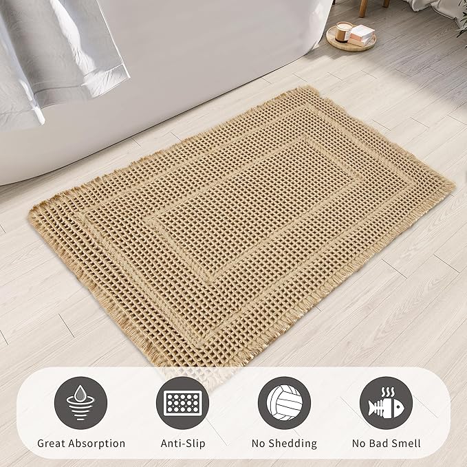 Bathroom Decor - Upgraded Waffle Bath Mat, Super Absorbent Non Slip Bath Carpet, Machine Washable, Quick Dry, Ultra Soft Brown 24" x 36"