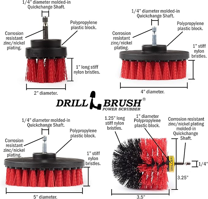 Drillbrush Red Stiff Nylon Bristle Cleaning Brush Set - 5 Piece Drill Attachment Kit - Floor, Roof Cleaner - Household Tools
