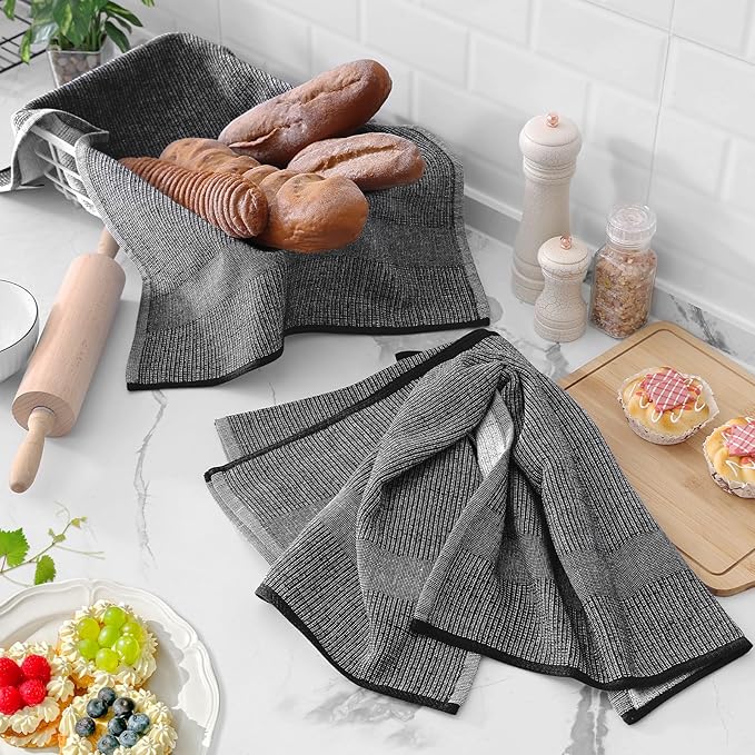 Homaxy Premium Kitchen Towels(18”x 28”, 6 Pack), Large Cotton Kitchen Hand Towels, Flat and Terry Dish Towels, 380 GSM Highly Absorbent Tea Towel Set with Hanging Loop, Navy Blue/Grey/Black