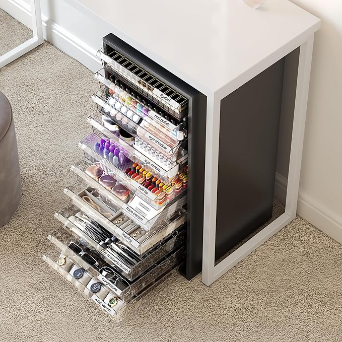 WOPITUES Plastic Storage Drawer Cart, Makeup Organizer and Storage with 10 Large Clear Drawers, Utility Wooden Rolling Cart on Wheels, for Cosmetic, Art Craft, Parts, Office Supplies, Toy, Black