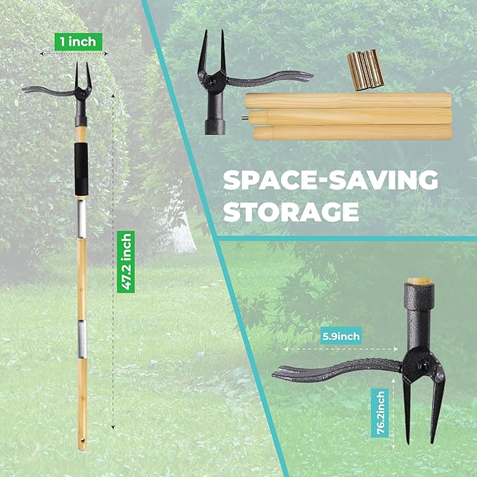 Weed Puller Tool, Stand Up Heavy Duty Weed Remover with Long Bamboo Handle, 4 Claw Steel Head Garden Weeding Tool, Crabgrass & Root Puller for Easy Lawn Weed Removal Without Bending or Kneeling.