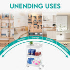 3 Tier Rolling Cart, Metal Utility Cart with 4 Hooks, Rolling Storage Cart on Wheels, Small Organizer Cart for Nursery, Kitchen, Living Room, Bathroom, White