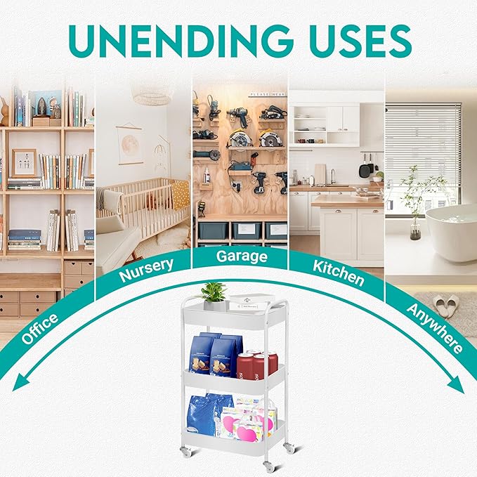 3 Tier Rolling Cart, Metal Utility Cart with 4 Hooks, Rolling Storage Cart on Wheels, Small Organizer Cart for Nursery, Kitchen, Living Room, Bathroom, White