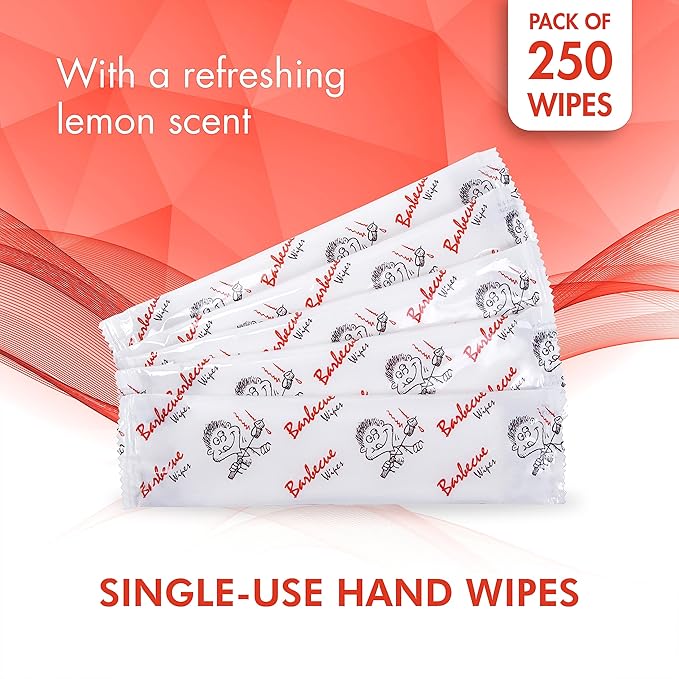 Diamond Wipes Pre-moistened Hand Wipes - “BBQ and Grill” Logo 10x8” Extra Thick Pack of 250 Individually Wrapped Wet Wipes For Cookouts, BBQs, Catering