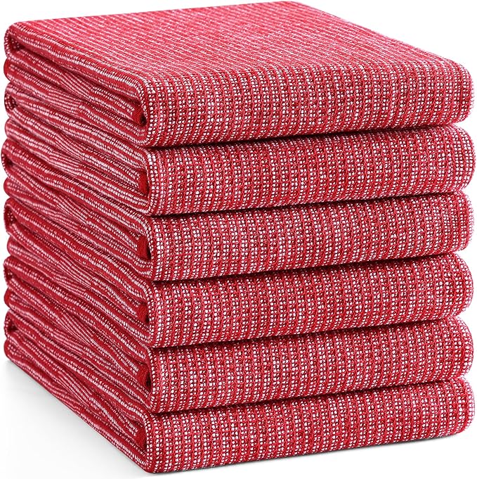 Homaxy Premium Kitchen Towels(18”x 28”, 6 Pack), Large Cotton Kitchen Hand Towels, Flat and Terry Dish Towels, 380 GSM Highly Absorbent Tea Towel Set with Hanging Loop, Red