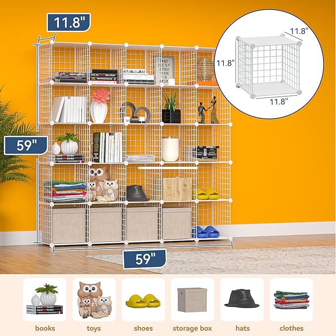 TUMUCUTE Cube Storage Organizer, Metal 25-Cube Shelves Bookshelf, Portable Closet Clothes Organizer for Bedroom, Home, Office, White
