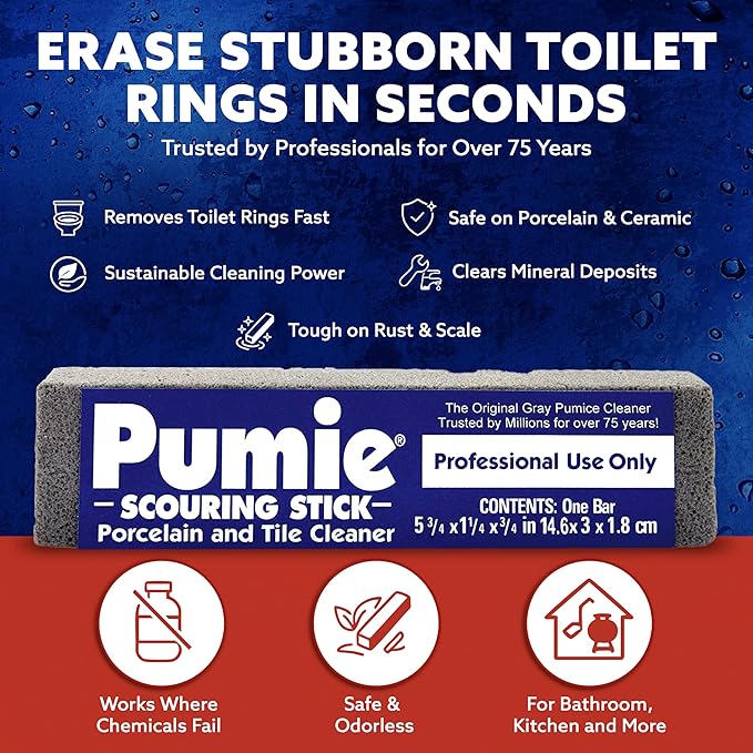 PUMIE Pumice Scouring Stick for Cleaning Toilet Rings Stain & Hard Water Rings, Extra Strong Heavy Duty Pumice Stone for Toilet Cleaning, Rust, Grills, Tough Bathroom, Ovens, Pools & Tubs - Pack of 1