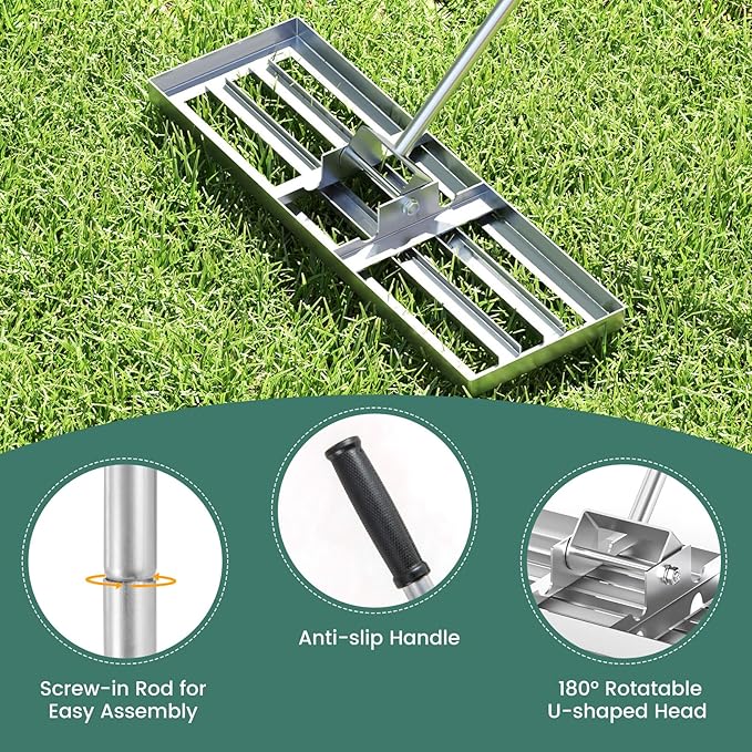 Goplus Lawn Leveling Rake, 30" x 10" Heavy Duty Level Lawn Tool w/ Ergonomic Handle for Soil, Effort-Saving Landscape Rake for Garden, Backyard, Golf Course, Farm, Pasture, Silver