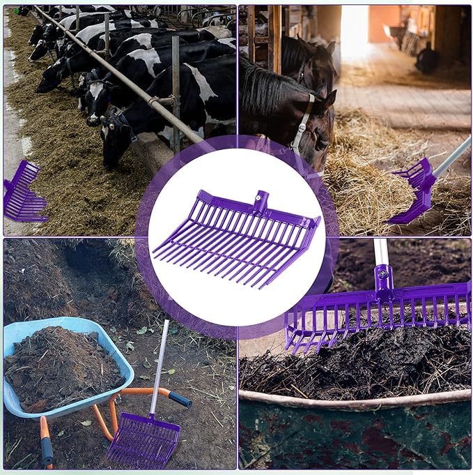 Lasnten 6 Pcs Manure Fork Head Bulk 18 Tines Pitch Fork Replacement Head with Screws and Nuts Durable Stable ABS Plastic Pitchfork for Horse Stall Picking up Manure(Purple)