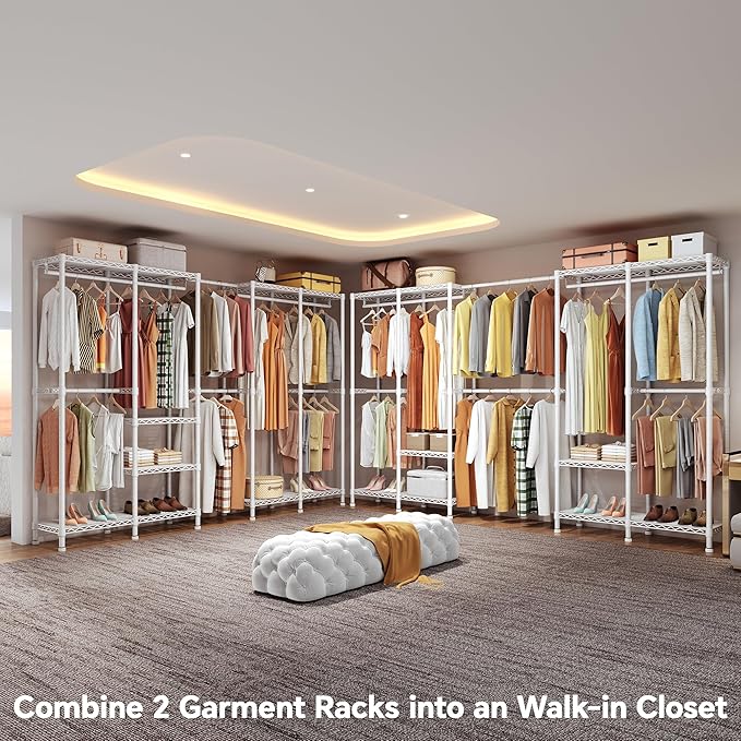 H5 Pro Heavy Duty Clothes Rack Wardrobe Closet for Hanging Clothes, Freestanding Garment Rack with Expandable Hanger Rods, Closet Organizer and Storage, (97.7-115.4")L x 15.7"W x 75.4"H, White