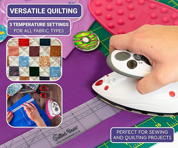 The Quilted Bear Mini Steam Iron - Lightweight Mini Travel Iron for Effortless Quilting & Wrinkle-Free Clothes with Hard Shell Case - Travel Steamer Craft Press for Clothes & Crafts (Pink)