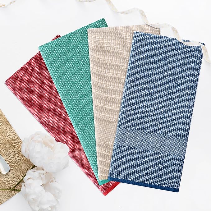 Homaxy Premium Kitchen Towels(18”x 28”, 6 Pack), Large Cotton Kitchen Hand Towels, Flat and Terry Dish Towels, 380 GSM Highly Absorbent Tea Towel Set with Hanging Loop, Navy Blue/Red/Green