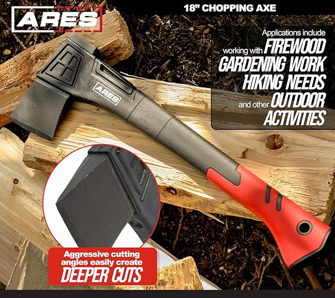 ARES 45005 – 18-Inch Chopping Axe – Lightweight Fiberglass Handle Construction – High-Carbon Steel Blade Head – Gardening, Hiking, and Outdoor/Adventure Applications