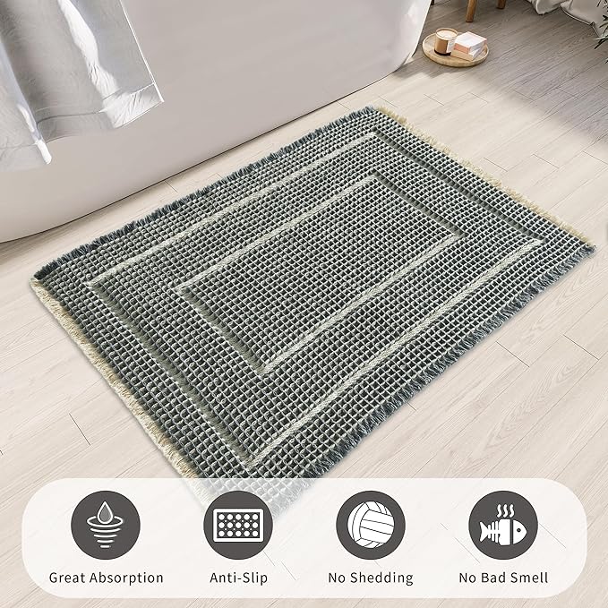 Bath Matts - Upgraded Waffle Super Absorbent, Non Slip Washable, Quick Dry Shower Mats, Ultra Soft for Bathroom Floor, Bluish Grey & Yellow, 24"*36