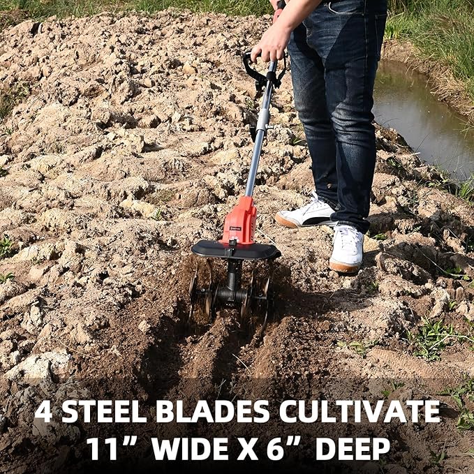 Brushless Cordless Tiller for Gardening,400 RPM Cultivators for Gardening Has Battery Capacity Display with 4.0 Ah Battery, Rototiller 11 in Tilling Width, 6 in Depth by SHINTYOOL