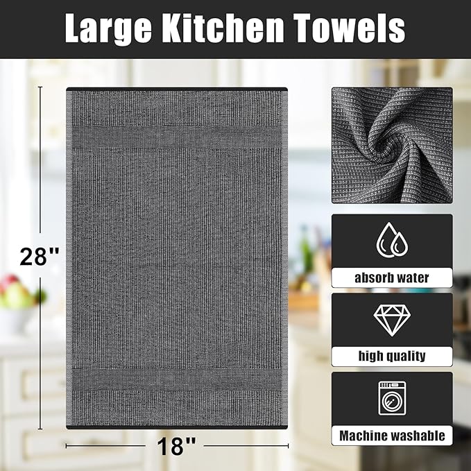 Homaxy Premium Kitchen Towels(18”x 28”, 6 Pack), Large Cotton Kitchen Hand Towels, Flat and Terry Dish Towels, 380 GSM Highly Absorbent Tea Towel Set with Hanging Loop, Grey/Khaki/Black