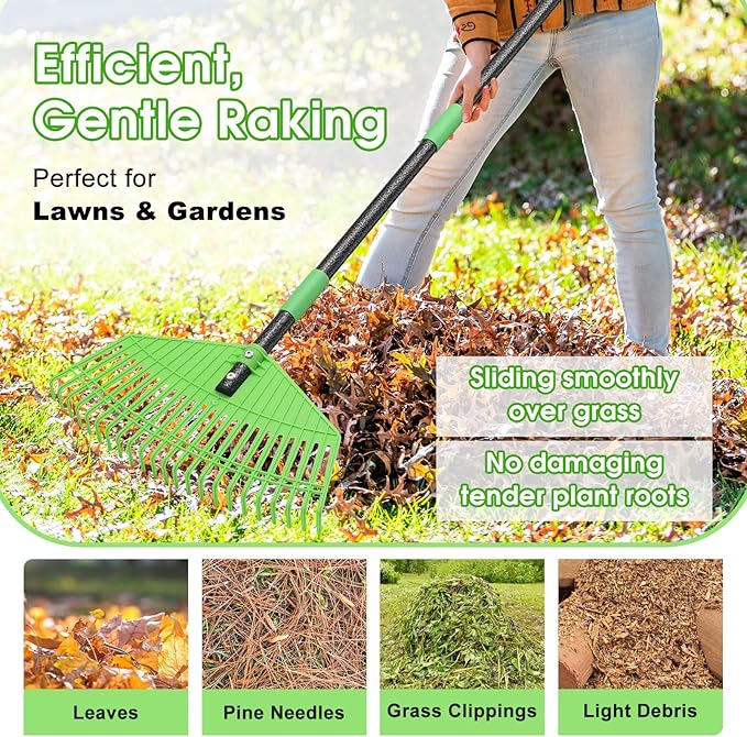 Leaf Rake for Lawn,16.5” Plastic Rake for Yard,Unbreakable Nylon Head,45” Long Handle,Garden Rakes for Grass Turf Debris Mulch Thatch Pine Needles Leaves,Lightweight for Kids Seniors,No Harm to Lawn