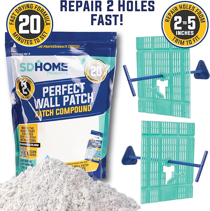 Drywall Repair Plate & Compound Kit by SD Home, Fix Large Holes Fast, Pack of 2 Wall Backing Plates & 1 Fast-Drying Spackle Filler Bag, Easy & Quick DIY Patching for Cracks & Wall Damage