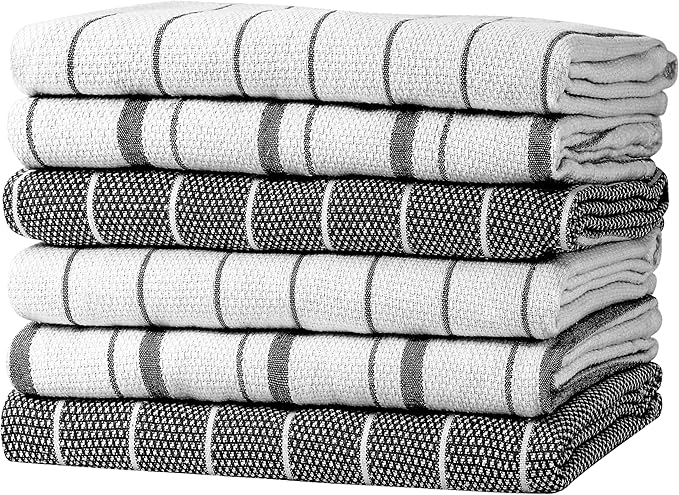 Zeppoli Classic Kitchen Towels - 6 Pack 100% Natural Cotton Towel Set, Reusable Wash Cloths, Absorbent Dish Towels, Machine Washable Hand Towels, Kitchen Essentials, 20" x 28" - Black VAR