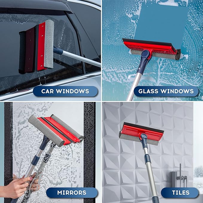DSV Standard Professional Window Squeegee | 2-in-1 Window Cleaner Sponge and Soft Rubber Strip With Telescopic Extension Pole 20" - 30"(50cm-76cm) | Adjustable To Clean From Multiple Angles