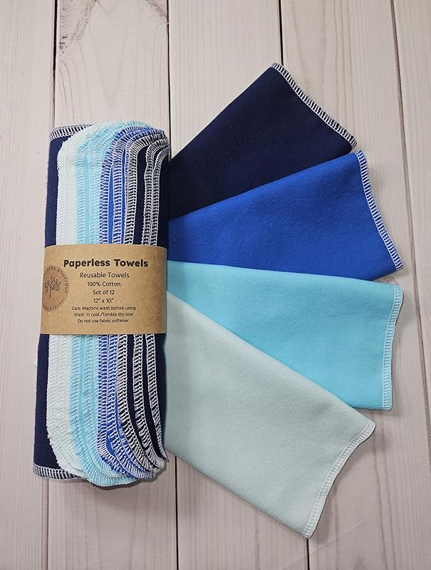 Paperless Towels, 12-12" X 10" Washable Paper Towels, Reusable Paper Towels, 100% Cotton (Blues)