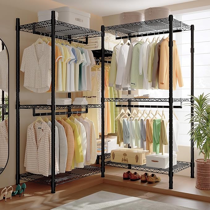 Raybee Clothes Rack with Cover,Clothing Racks for Hanging Clothes Heavy Duty,Portable Closet with Shelves,Adjustable,Loads 905 LBS,Black,75" W*17.8" D*77" H