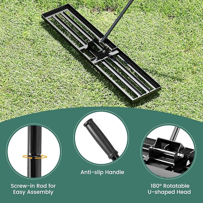 Goplus Lawn Leveling Rake, 46" x 10" Heavy Duty Level Lawn Tool w/ Ergonomic Handle for Soil, Effort-Saving Landscape Rake for Garden, Backyard, Golf Course, Farm, Pasture, Black