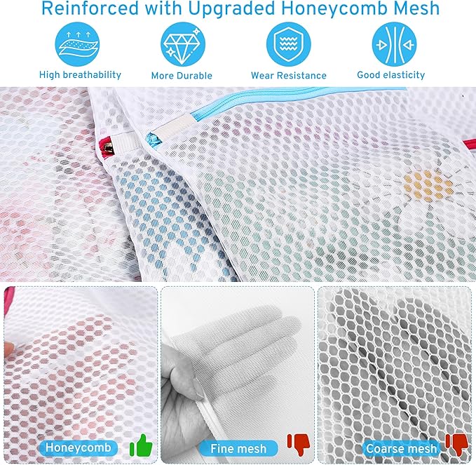 2nd Gen Honeycomb Mesh Laundry Bags for Delicates, Lingerie Bags for Washing Delicates, Travel Storage Organize Bag, Clothing Washing Bags for Blouse, Bra, Hosiery, Underwear and More(3 Pcs, 1L,1M,1S)